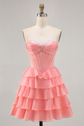 Blush Tiered A Line Strapless Short Prom Dress